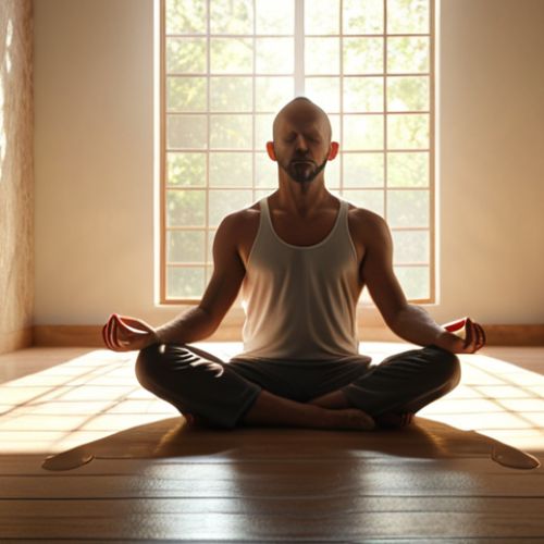 Home 13 **A serene morning scene:** A person meditating in a quiet space, sunlight streaming in, creating a sense of calm.