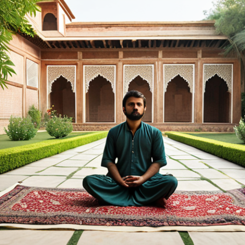Home 8 **A serene landscape featuring a person meditating in a peaceful garden. Soft, natural lighting enhances the feeling of tranquility. The garden should include elements representing Urdu/Pakistani culture (e.g., Mughal-style architecture or indigenous flowers).**