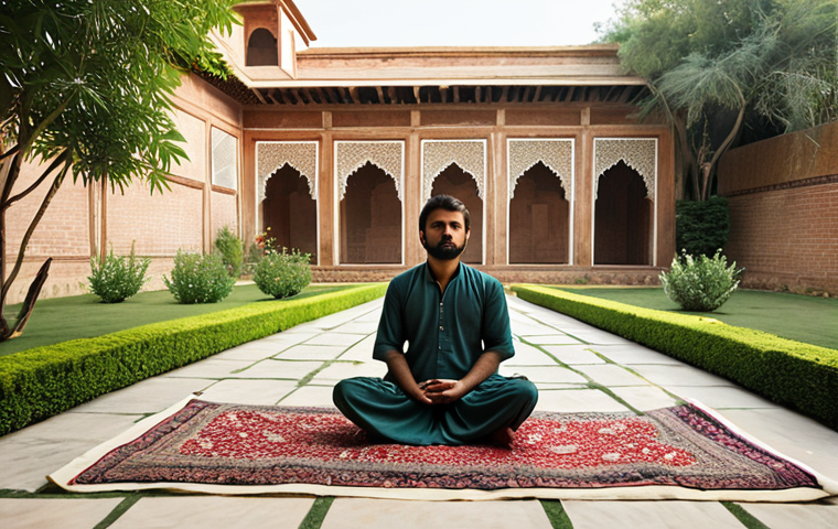 **A serene landscape featuring a person meditating in a peaceful garden. Soft, natural lighting enhances the feeling of tranquility. The garden should include elements representing Urdu/Pakistani culture (e.g., Mughal-style architecture or indigenous flowers).**