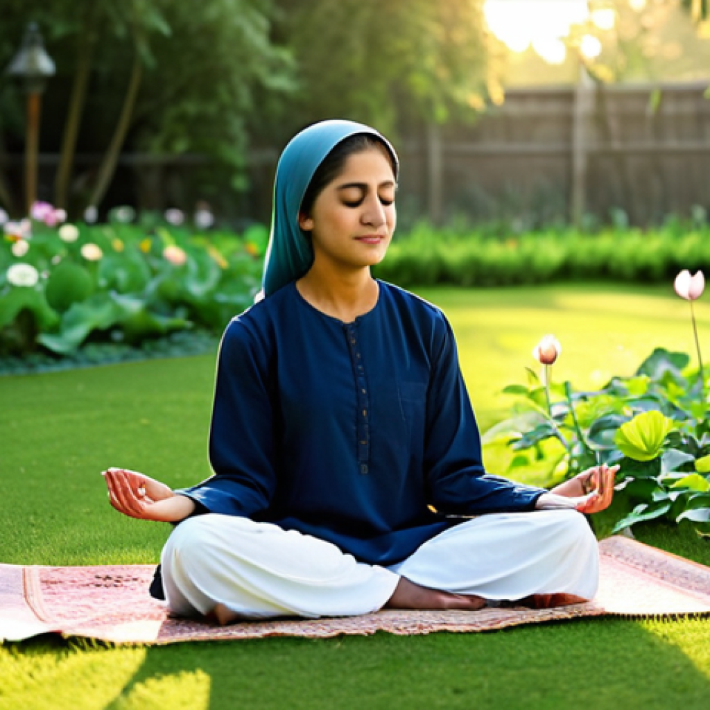 Serene Meditation**
A fully clothed Muslim woman in modest, traditional Pakistani clothing, meditating peacefully in a serene garden at dawn. She is sitting in a lotus position with her eyes closed, a gentle smile on her face. The garden is filled with colorful flowers and lush greenery. Soft, warm sunlight is filtering through the trees. Focus on the peaceful expression and calm environment. Safe for work, appropriate content, professional, family-friendly, perfect anatomy, natural pose, well-formed hands, proper finger count, natural body proportions.
**