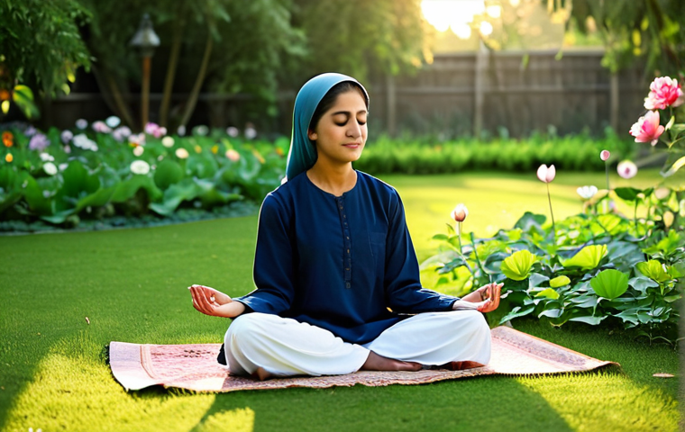 Serene Meditation**
A fully clothed Muslim woman in modest, traditional Pakistani clothing, meditating peacefully in a serene garden at dawn. She is sitting in a lotus position with her eyes closed, a gentle smile on her face. The garden is filled with colorful flowers and lush greenery. Soft, warm sunlight is filtering through the trees. Focus on the peaceful expression and calm environment. Safe for work, appropriate content, professional, family-friendly, perfect anatomy, natural pose, well-formed hands, proper finger count, natural body proportions.
**