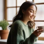 Home 20 마인드풀니스와 자기 수용의 중요성 - **Mindful Morning Tea:** A serene woman in her late 20s, with a gentle smile, is sitting by a sunlit...