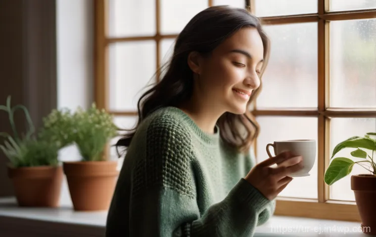 마인드풀니스와 자기 수용의 중요성 - **Mindful Morning Tea:** A serene woman in her late 20s, with a gentle smile, is sitting by a sunlit...