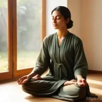 Home 19 마인드풀니스의 철학적 배경 - **Prompt:** A serene young woman, in her late 20s to early 30s, meditates peacefully at dawn. She is...