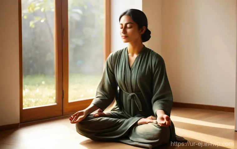 마인드풀니스의 철학적 배경 - **Prompt:** A serene young woman, in her late 20s to early 30s, meditates peacefully at dawn. She is...