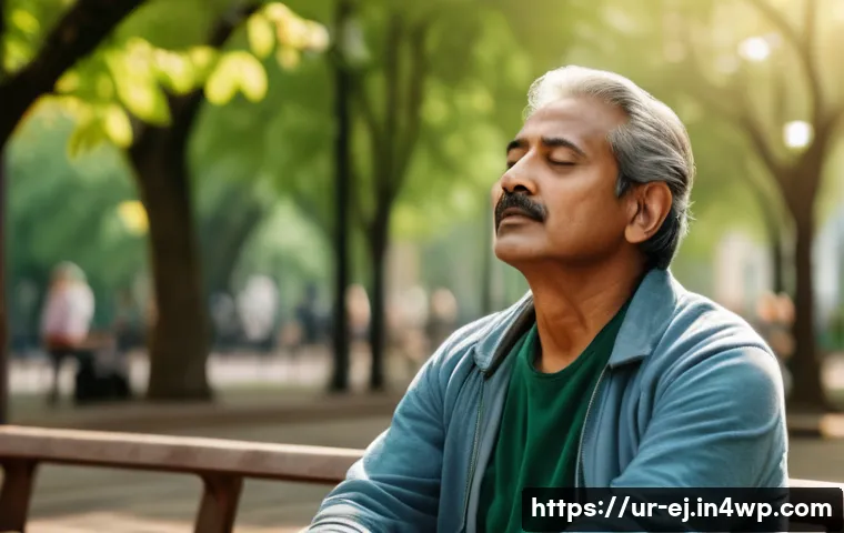 마인드풀니스의 다양한 실천 방법 - A serene urban park scene in early morning light, featuring a middle-aged South Asian man wearing co...
