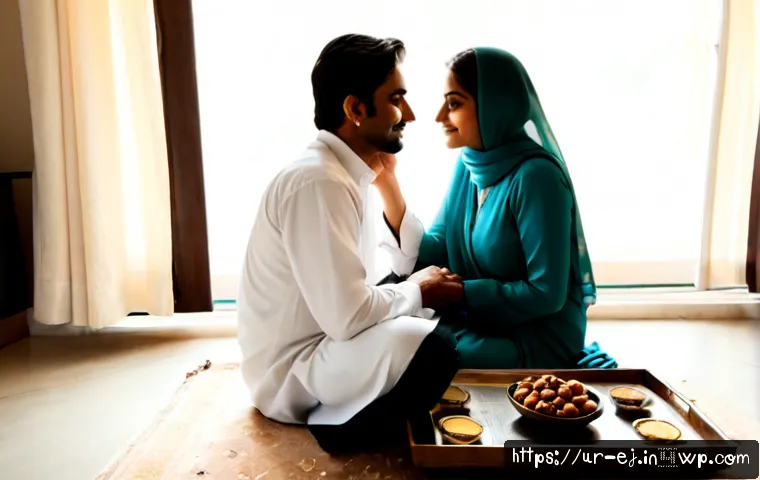 Home 17 마인드풀니스와 관계 개선하는 법 - Photorealistic warm lifestyle scene of a Pakistani Urdu-speaking couple in modest traditional clothi...